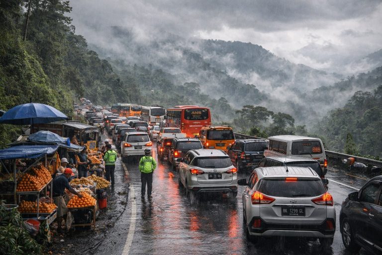 Libur Akhir Pekan Nataru: Jalur Wisata Medan-Berastagi Padat Merayap, Pengendara Diminta Waspadai Kabut dan Jalan Licin